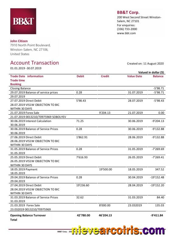 USA BB&T Corp. bank statement in Word and PDF format